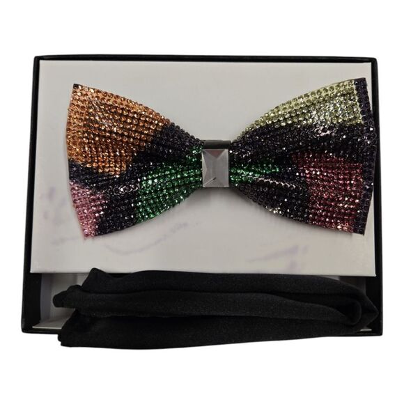 MEN'S MULTI-COLOR GLITTER RHINESTONE  BOW TIE & POCKET SQUARE BY EJ SAMUEL SBT56 - Picture 2 of 3
